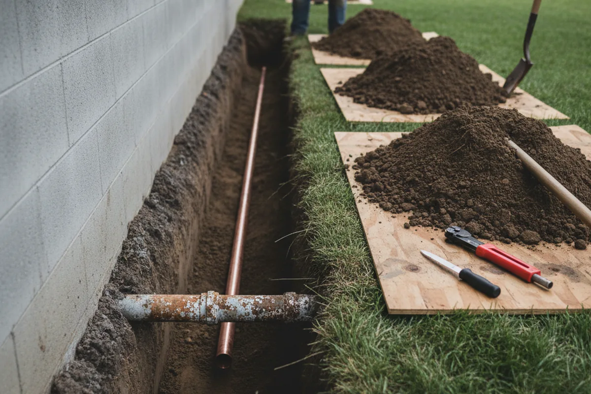 Excavated water line trench during Water Softener Installation in Bennington